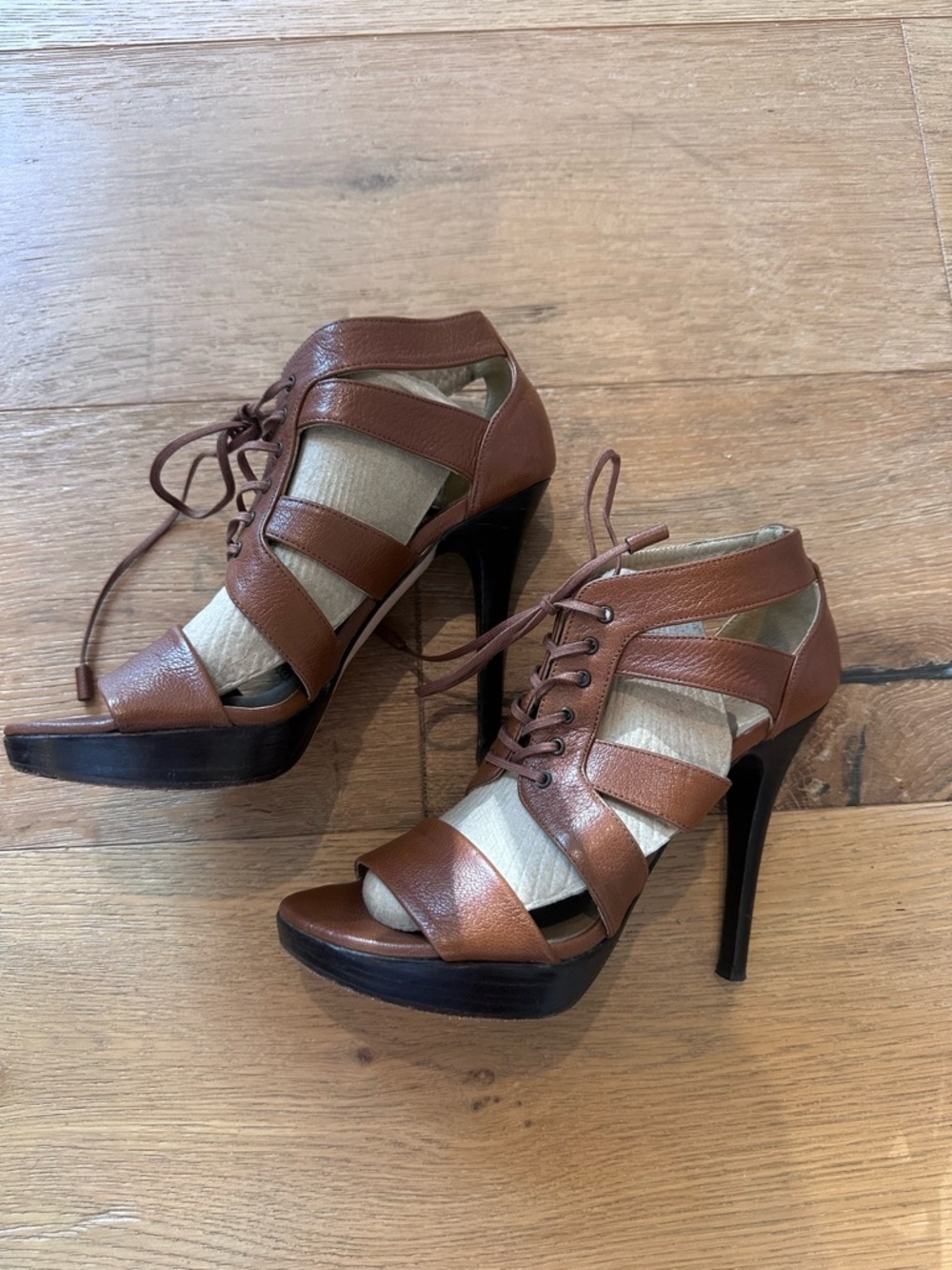 Stuart Weitzman Cognac Leather Lace-Up Platform Stiletto Sandal | Size 5.5